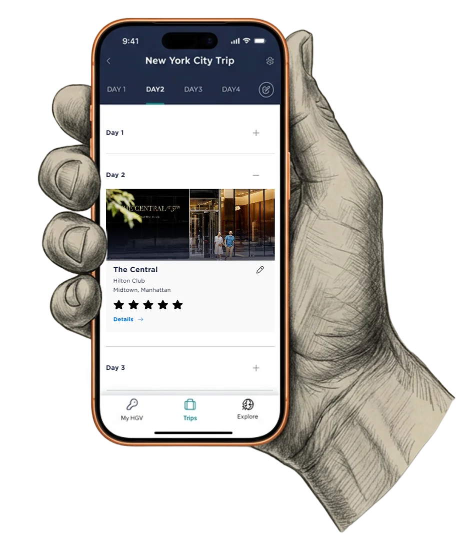 Itinerary Builder on mobile: a hand holding a phone showing a day-by-day New York City trip plan